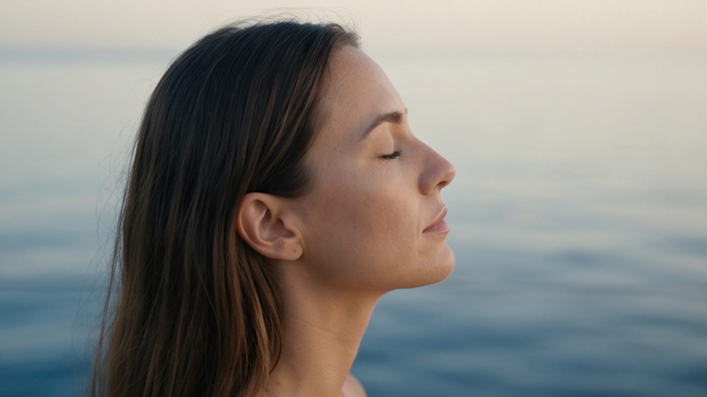 A woman with eyes closed, at peace beside the sea